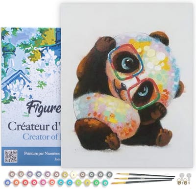 Figured'Art Schilderen op Nummer Volwassenen met lijst - Panda met bril - Handwerk acrylverf Kit DIY Compleet - 40x50cm Canvas al ingelijst