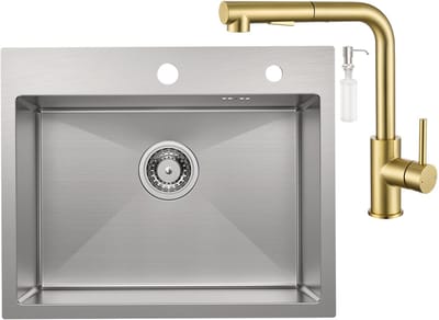 CECIPA max Spoelbak 55x45CM - Spoelbak Keuken Met Goud Keukenkraan met Uittrekbare Uitloop - Spoelbak Met Kraangat - Enkele spoelbakken RVS - Spoelbakken Keuken – Spoelbakken met Afvoer