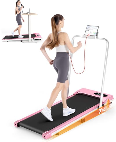 BIGZZIA 3-in-1 opvouwbare loopband met armleuningen - Inklapbaar loopband Elektrisch - 7% helling - 1-8 km/u instelbaar - Motor 2,5 pk - afstandsbediening - LCD-scherm - 130 kg draagvermogen - Treadmill Roze