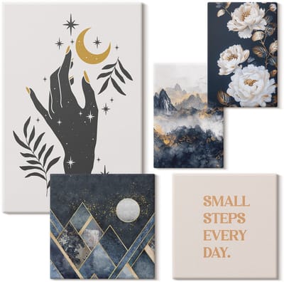 Wallfluent Set van canvas schilderijen - Boho-stijl geïnspireerd door de natuur en positieve boodschappen Canvas Schilderijen Set - Set van 5 Canvas Schilderijen - Marine Set van Canvas Prints - Abstractie Canvas Kunst Set - Boheemse Canvas Kunst Set