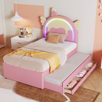 STILVORA Peuterbed 90x200 - Kinderbed Eenpersoonsbed met Uitrolbed en Opbergruimte, Leuk Eenhoorn Hoofdbord - PU - Roze