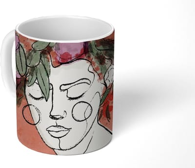 Mok - Koffiemok - Portret - Vrouw - Bloemen - Pastel - Mokken - 350 ML - Beker - Koffiemokken - Theemok
