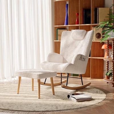 Schommelstoel met voetensteun - Pluche fauteuil - Ontspannen zitten - Met zijvak - 66x89x70 cm - Wit