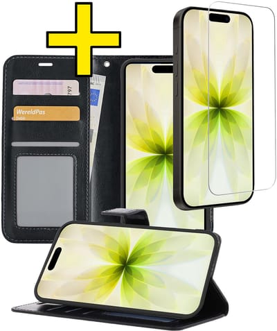 Hoesje - Met Screenprotector - Geschikt voor Apple iPhone 17 - Luxe Pasjeshouder - Bookcase Portemonee - Flip Case - Kunstleer Book Case - Flipcase - Book Cover - Walletcase - Portemonneehoes - Telefoonhoesjes - Zwart