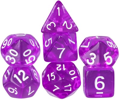 Dobbelstenen Set 7-delig – Transparant Paars D20 D12 D10 D8 D6 D4 – Voor RPG & Tafelspellen