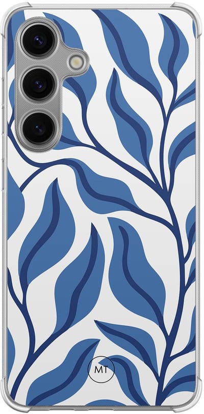 Hoesje (shockproof) geschikt voor Samsung Galaxy S24 - Blue leaves - Extra sterke case - TPU/polycarbonaat - Print - Blauw, Transparant