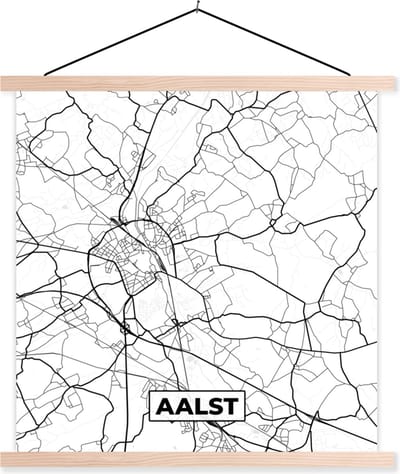 Posterhanger incl. Poster 40x40 cm - Schoolplaat - België – Aalst – Stadskaart – Kaart – Zwart Wit – Plattegrond - Textielposter - Blanke latten - Stadskaart