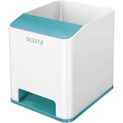 Penhouder Leitz WOW Sound, 1 compartiment, Smartphone compartiment met geluidsversterking, wit/ijsblauw