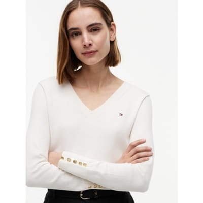 Tommy Hilfiger Cotton Jersey Fine V-neck Ivory Petal Taglia: S | Maglioni a maglia Outlet | Donna | Bianco