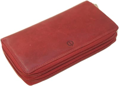 Oi vintage rode dubbele ritsportemonnee XL / zeer ruime lederen damesportemonnee volledig afgesloten met 2 ritsen / damesbeurs zeer groot en overzichtelijk / Anti skimming / rood leer / 405Red