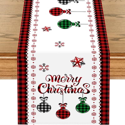 Kersttafelloper 33 x 183 cm - Rood/Wit - Linnen - Wasbaar - Kerstdecoratie - Sneeuwvlokken/Kerstballen - Tafelkleed