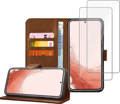 Geschikt voor Samsung S22 Plus Book Case Hoesje - 2x Screenprotector - Flip Portemonnee Bruin met Screen Cover Tempered Glas