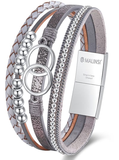 Malinsi® Armband Dames 4 Snoeren - 19cm Leer en RVS Sluiting - Sieraden Armbanden Vrouw