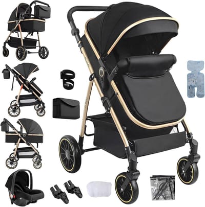 3-in-1 Kinderwagen - Baby reiswieg - Comfortabel reizen - Lichtgewicht frame - 42x29x50 cm - Zwart goud