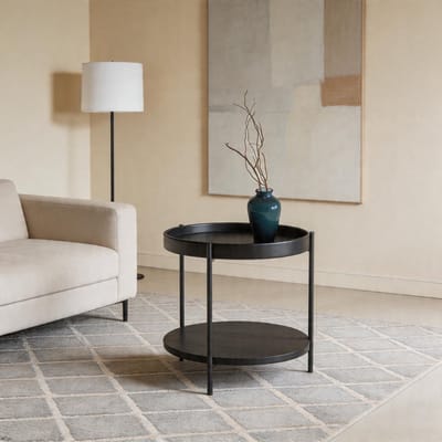 KOMHTOM - Salontafel - 2-laags dienbladontwerp - Rond - Massief hout & metaal - Kleuren: Natuurlijk essenhout/walnoot/zwart - Combineren met bijzettafeltje (44x44x48 cm) - Eenvoudige montage