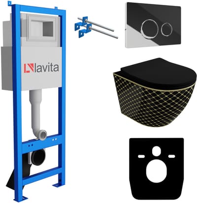 LAVITA® Inbouwreservoir Complete Toiletset LAV 101 - Inbouw WC Hangtoilet Wandcloset SOFI BLACK NIGHT BLACK Zwart Mat - Bedieningsplaat 200.4.2 Chroom - Voorwandelement voor toilet 40cm - Installatiesysteem