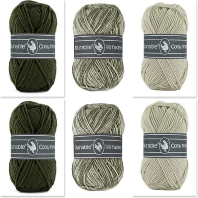 Katoen en acryl garen pakket - 6 bollen Cosy fine en Cosy fine faded - dark olive, olijfgroen - pendikte 4 a 4,5mm