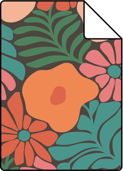 Proefstaal ESTAhome behang bloemen in Matisse stijl donkergroen, oranje en blauw - 26.5 x 21 cm - 131008-S