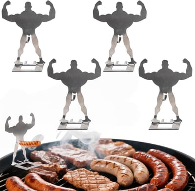 Daity 4-delige set — Leuke BBQ-accessoires — "Muscle Man" Hotdoghouders — Herbruikbare roestvrijstalen rekjes voor hotdogs en worsten — Draagbare hotdogroosters — Grillaccessoires — Leuk verjaardagscadeau voor mannen
