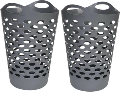 5Five Flexibele wasmand/opbergmand - 2x - rond - grijs - 60 liter - D41 x H66 cm