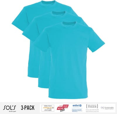3 Pack Sol's Heren T-Shirt 100% biologisch katoen Ronde hals Lichtblauw Maat S