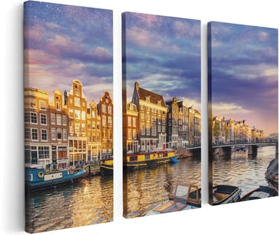 Artaza Canvas Schilderij Drieluik Amsterdamse Gracht In De Nacht Met Sterren - 120x80 - Foto Op Canvas - Canvas Print