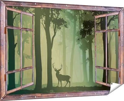 Gards Tuinposter Doorkijk Hert in het Bos - Silhouet - 180x120 cm - Tuindoek - Tuindecoratie - Wanddecoratie buiten - Tuinschilderij