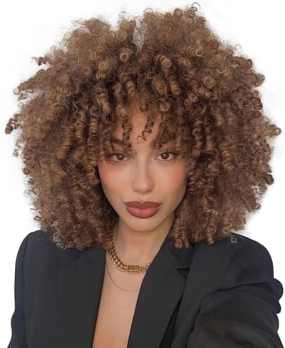 Becus Afropruik voor zwarte vrouwen, zachte krullende afropruiken met pony, synthetische korte krullende pruiken voor vrouwen, dagelijks gebruik en cosplay, 25,4 cm (bruin)