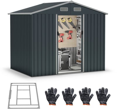 COSTWAY Gereedschapsschuur van metaal met lessenaarsdak en schuifdeuren, tuinhuis met 4 luchtventielen en bodembasis, fietsgarage, tuinschuur voor tuin, gazon, terras, 235 x 171 x 196 cm