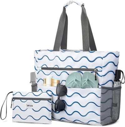 Grote Waterdichte Strandtas voor Dames met Rits en Make-up Tas, Zandbestendig en Ruim 35L met Golfpatroon
