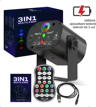 Boscer Disco Laser | 3 in 1 Multilaser | 4000mA Oplaadbare Accu | Stroboscoop & Parscoop effect | LED Disco | Party discolaser | Geluid gestuurd | Discolamp | Lichteffect