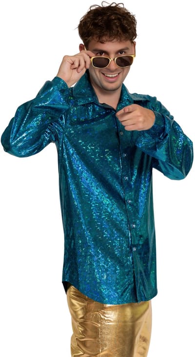 Partychimp Shiny Disco Shirt Turquoise voor Heren Carnavalskleding Foute Party Verkleedkleding Volwassenen Heren Toppers 2026 - Disco- Shiny- Polyester - L
