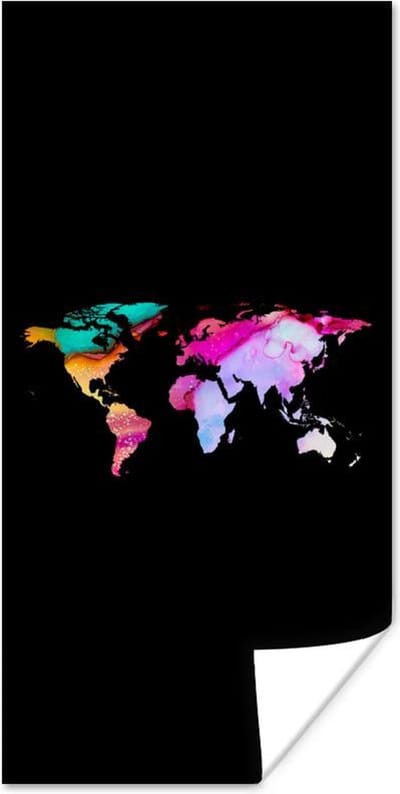 Wereldkaart Muur - Wereldkaart - Kleur - Waterverf - 40x80 cm - Poster