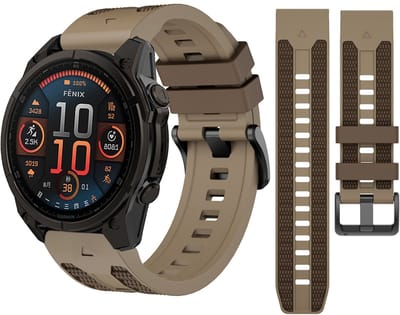 Stravo Premium Duo-kleur Siliconen Horlogebandje – Quickfit 22mm – geschikt voor Garmin Fenix 8 (Pro-E-47mm) - Fenix 7 & 6 (Solar-Pro) - Fenix 5 (Plus) / Forerunner 970-965-955-945 / Epix Gen 2 -Pro 47mm/Quatix 7- 8 / Fenix 8(Pro/E) – Khaki / bruin