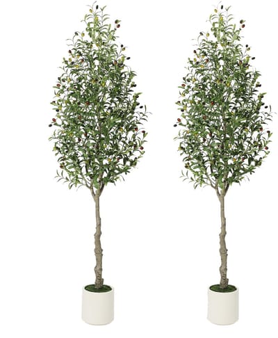 210cm Kunst olijfboom - zijden kunst olijfboom met mos en witte bamboe structuur plantenpot - natuurgetrouwe olijfbladeren hoge kunstplant voor binnen en buiten decoratie tuin thuis kantoor