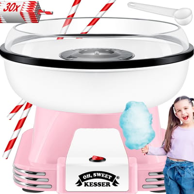 KESSER® Suikerspinmachine Set voor thuis - Met 30x Suikerspinstaafjes & Maatschep - Retro Suikerspinmachine - Suikerspinmachine Met Accessoires - Hoogte 22 cm - 500 W - Roze / Wit