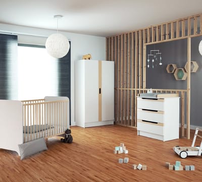 AT4 - 2-deurs kinderkledingkast CARROUSEL in hout Wit en Beuken 96 x 51 x 176 cm