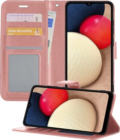 Hoesje - Met Pasjeshouder - Geschikt voor Samsung Galaxy A02s - Luxe Bookcase Portemonee - Flip Case - Kunstleer Book Case - Flipcase - Book Cover - Walletcase - Portemonneehoes - Telefoonhoesjes - Rosé goud