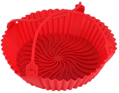 Siliconen bakvorm voor airfryer - Siliconen bakmat - Siliconen bakplaat - Siliconen bakmat voor airfryer - Multifunctionele siliconen bakmat - 20 x 4,5 cm - Hittebestendig - Met handvat - Geschikt voor airfryers, vlees, groenten en desserts - Rood