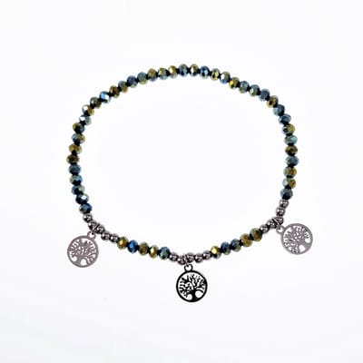 Elastische Armband Dames - Groenachtig Facet Geslepen Glaskralen - RVS Zilverkleur - Levensboom