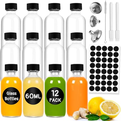Famanu - Set van 12 glazen shotflessen 60 ml, met trechter, etiketten, pen en borstel, geschikt voor sap, gembershots of whisky – Transparant
