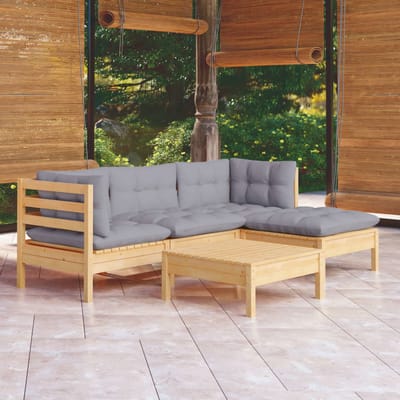 vidaXL - 5-delige - Loungeset - met - grijze - kussens - grenenhout