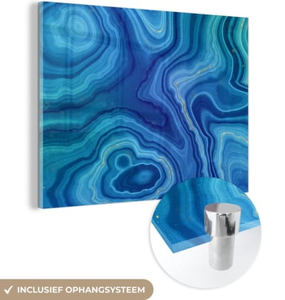 MuchoWow® Glasschilderij 120x90 cm - Schilderij acrylglas - Marmer - Agaat - Blauw - Stenen - Foto op glas - Schilderijen