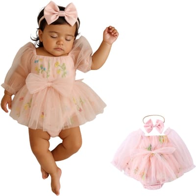 Joya Kids® Baby Meisjes Prinsessenjurk met Bloemen en Haarband | Feeën Tule Feestjurk lange mouwen voor Verjaardag, Bruiloft, Doop of Fotoshoot | Baby Foto Outfit | Photoshoot Peuter | Zacht Roze | Met Haarband | 6 Maanden tot 3 Jaar | Maat 90