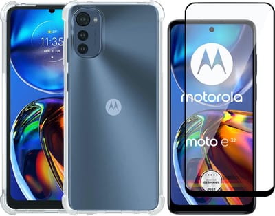 Hoesje geschikt voor Motorola Moto E32 / E32s - Anti Shock Proof Siliconen Back Cover Case Hoes Transparant - Full Tempered Glass Screenprotector