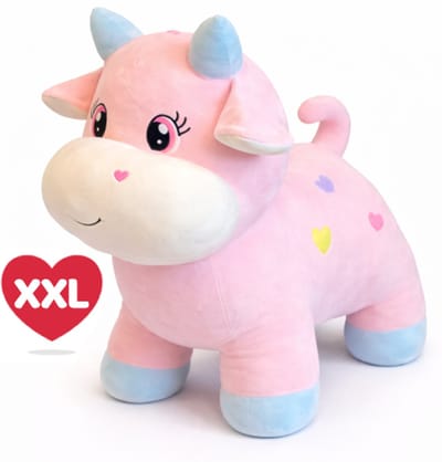 Squishy Koe Roze met Hartjes Pluche Knuffel XXL 90 cm - Speelgoed XL Knuffels voor Kinderen Jongens Meisjes - Stier Bull Cow Plush