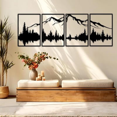 Metalen Wanddecoratie Set (4 Delen) - Minimalistisch Berg & Bos Schilderij - Grote Muurkunst voor Woonkamer en Slaapkamer
