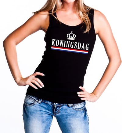 Zwart Koningsdag met kroon en vlag tanktop / mouwloos shirt voor dames - Koningsdag kleding S