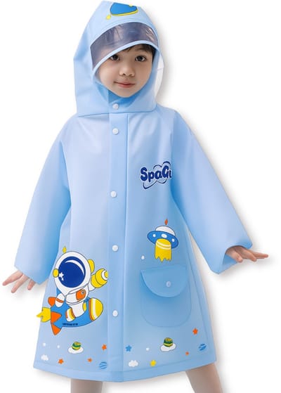 BoefieBoef Astronaut Regenjas Kind 3–6 Jaar – Maat L 115–125 cm – Blauwe Ruimte Regenponcho met Capuchon – EVA Kinderregenjas met Rits, Zakken & Opbergtas