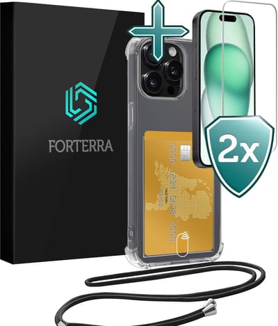 Hoesje Geschikt voor iPhone 15 Pro Pashouder Case Siliconen Hoes Met Koord Met 2x Screenprotector - Hoes Geschikt voor iPhone 15 Pro Met Telefoonkoord Hoesje Back Cover Met Pasjeshouder - Transparant